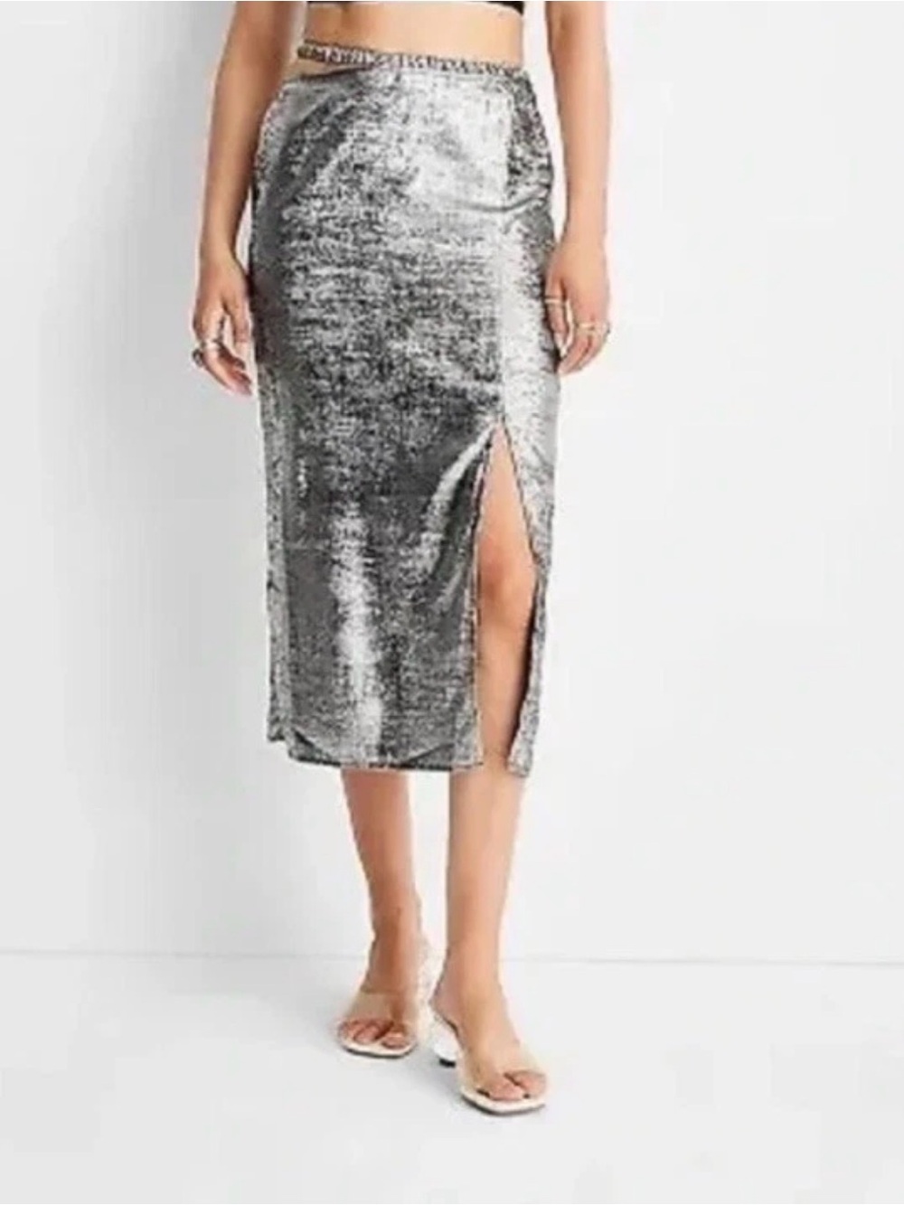 NWT 1X 18 Women's Side Cut Out Midi Skirt, Future Collective Alani Noelle Silver